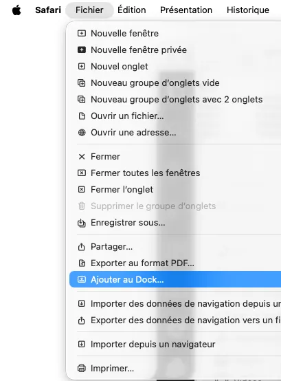 Safari Mac - étape 2 : Ajouter au Dock